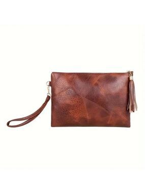 Vintage Vegan Leather Wristlet Clutch - Fringe Accent - Brown Handbag